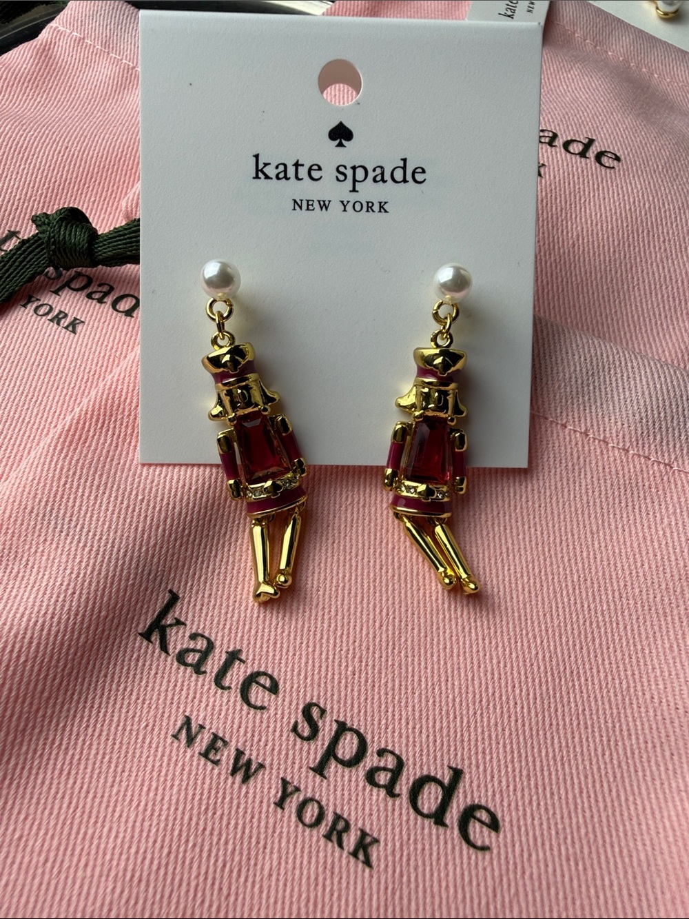 kate spade Pink and Gold Nutcracker Drop Earrings with Pearl Posts - Picture 2 of 3
